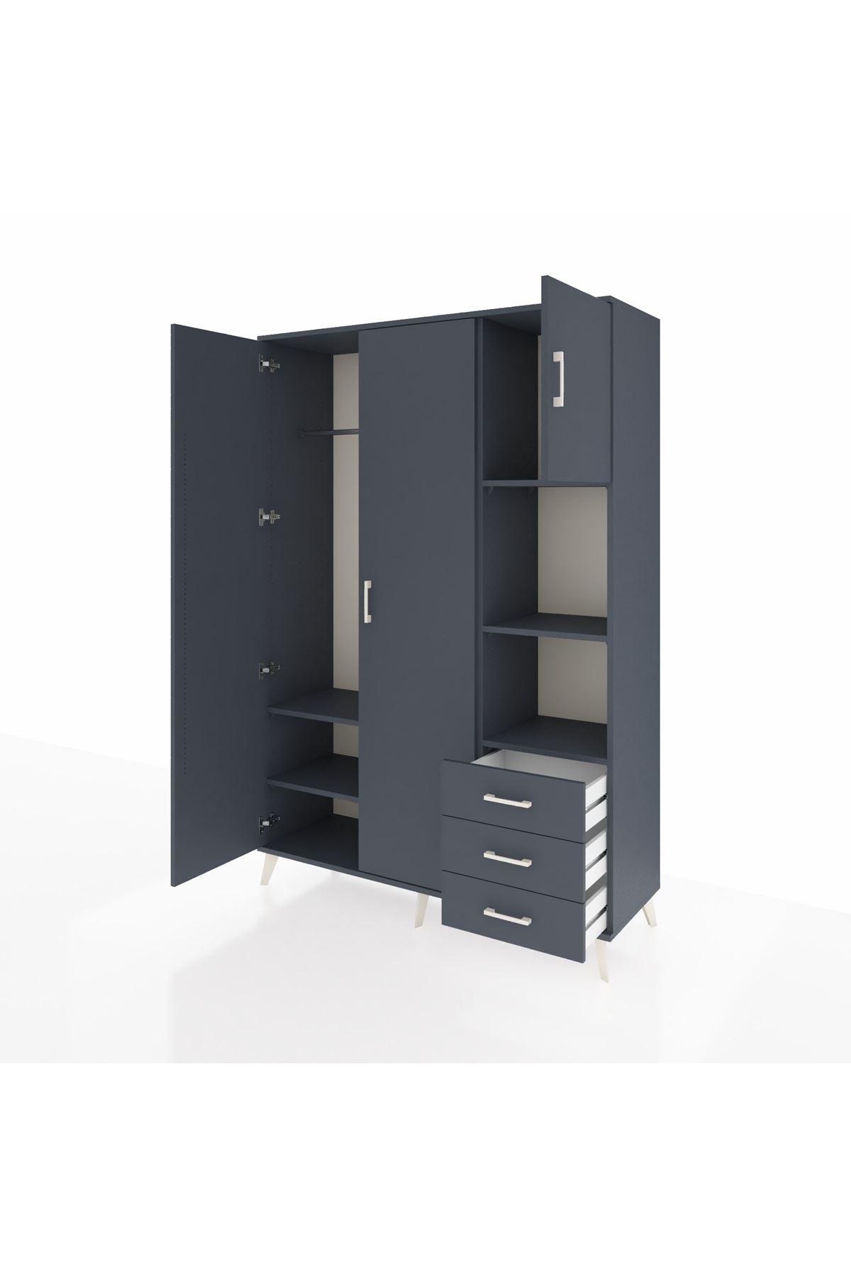 Hyperion Dolap 5 Raflı 3 Çekmeceli Tek Askılı 132x44x195 Antrasit-Antrasit/Antrasit
