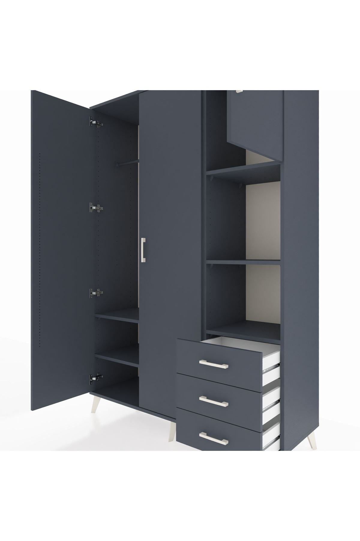 Hyperion Dolap 5 Raflı 3 Çekmeceli Tek Askılı 132x44x195 Antrasit-Antrasit/Antrasit