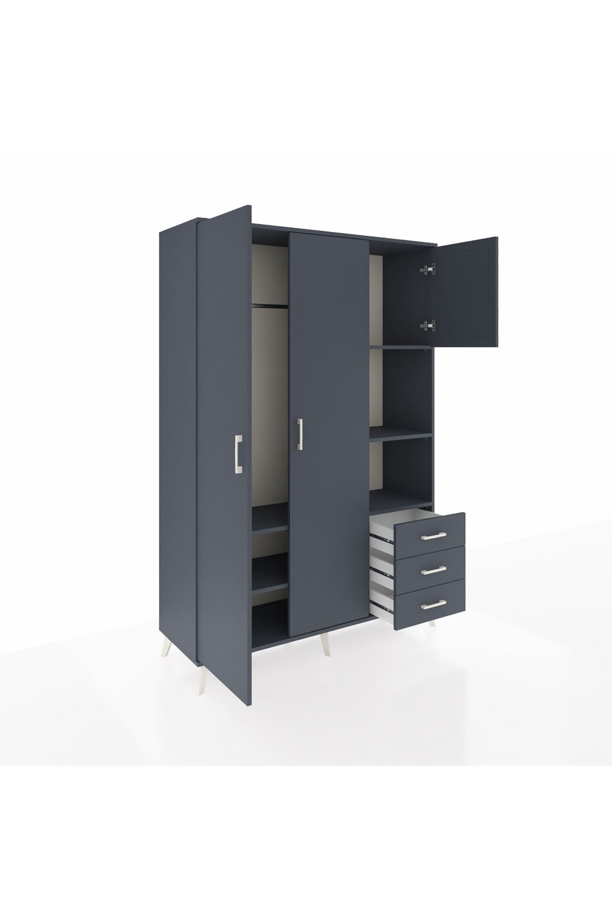 Hyperion Dolap 5 Raflı 3 Çekmeceli Tek Askılı 132x44x195 Antrasit-Antrasit/Antrasit