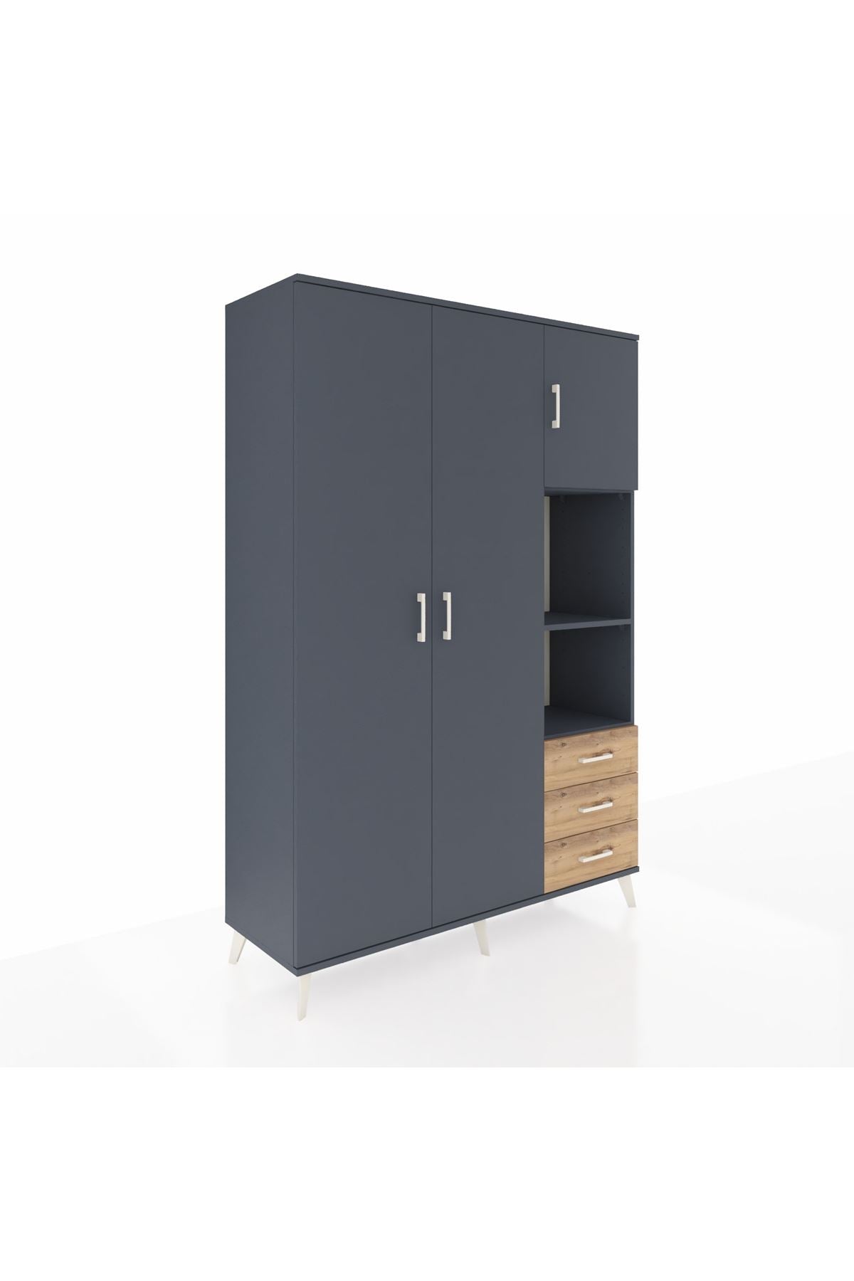 Hyperion Dolap 5 Raflı 3 Çekmeceli Tek Askılı 132x44x195 Antrasit-Antrasit/Çam