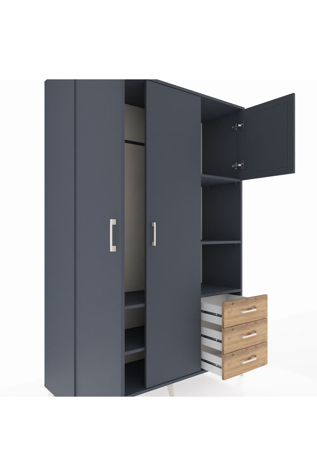 Hyperion Dolap 5 Raflı 3 Çekmeceli Tek Askılı 132x44x195 Antrasit-Antrasit/Çam