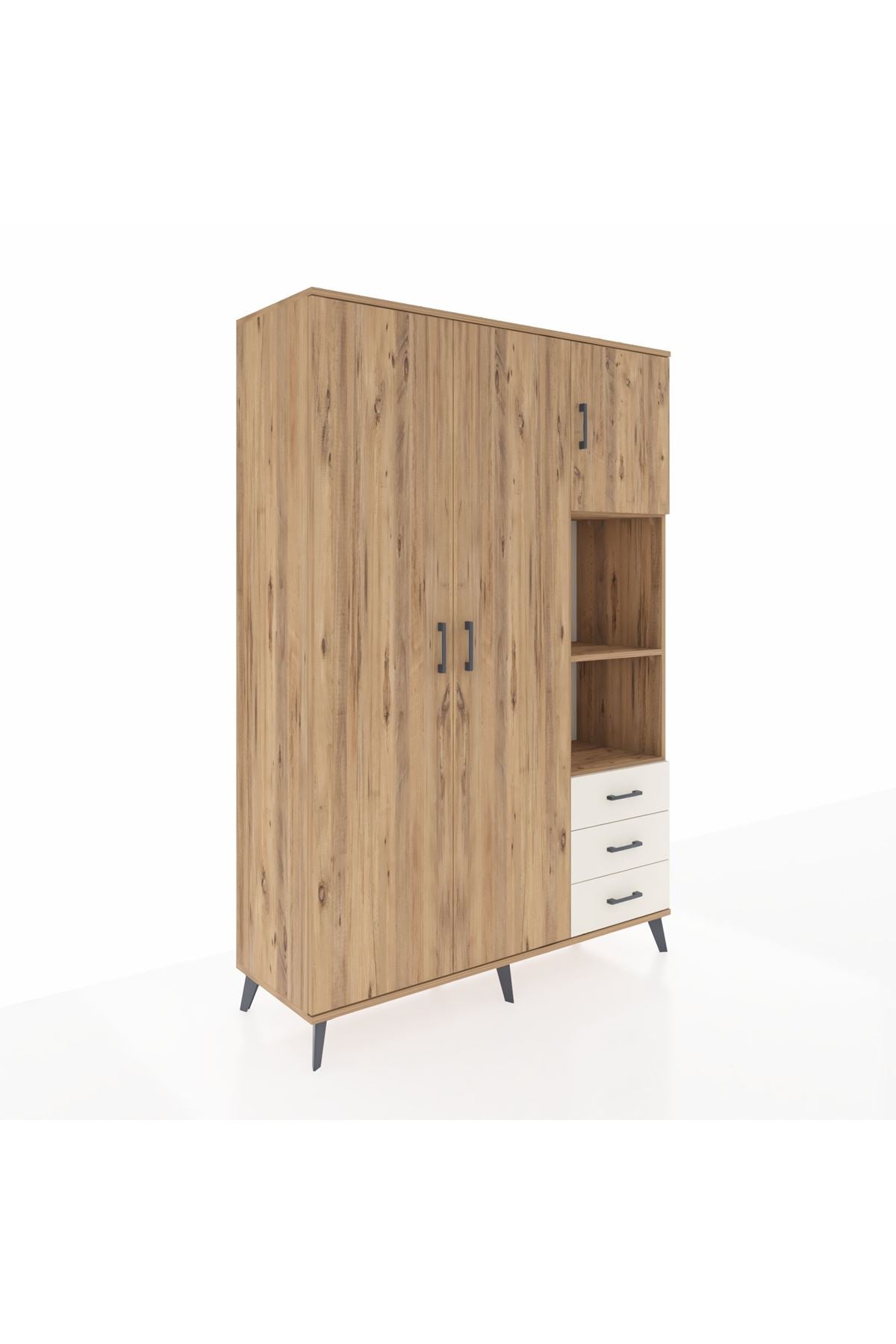 Hyperion Dolap 5 Raflı 3 Çekmeceli Tek Askılı 132x44x195 Çam-Çam/Aytaşı