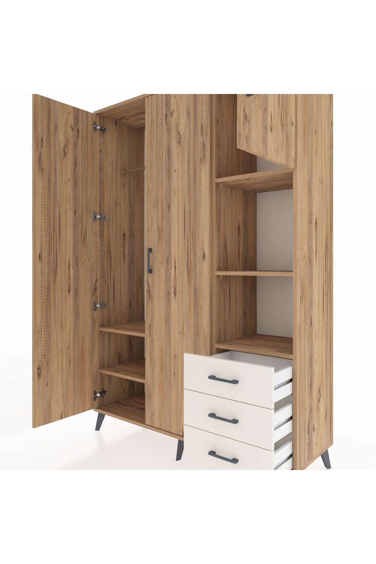 Hyperion Dolap 5 Raflı 3 Çekmeceli Tek Askılı 132x44x195 Çam-Çam/Aytaşı