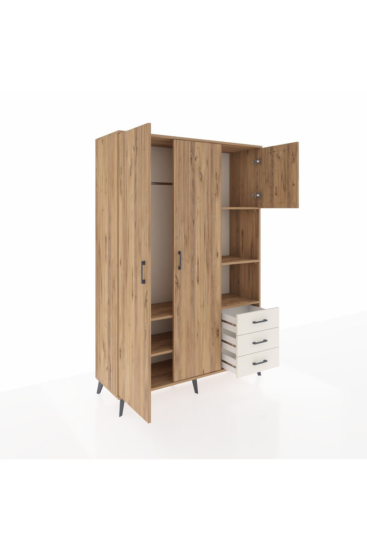 Hyperion Dolap 5 Raflı 3 Çekmeceli Tek Askılı 132x44x195 Çam-Çam/Aytaşı