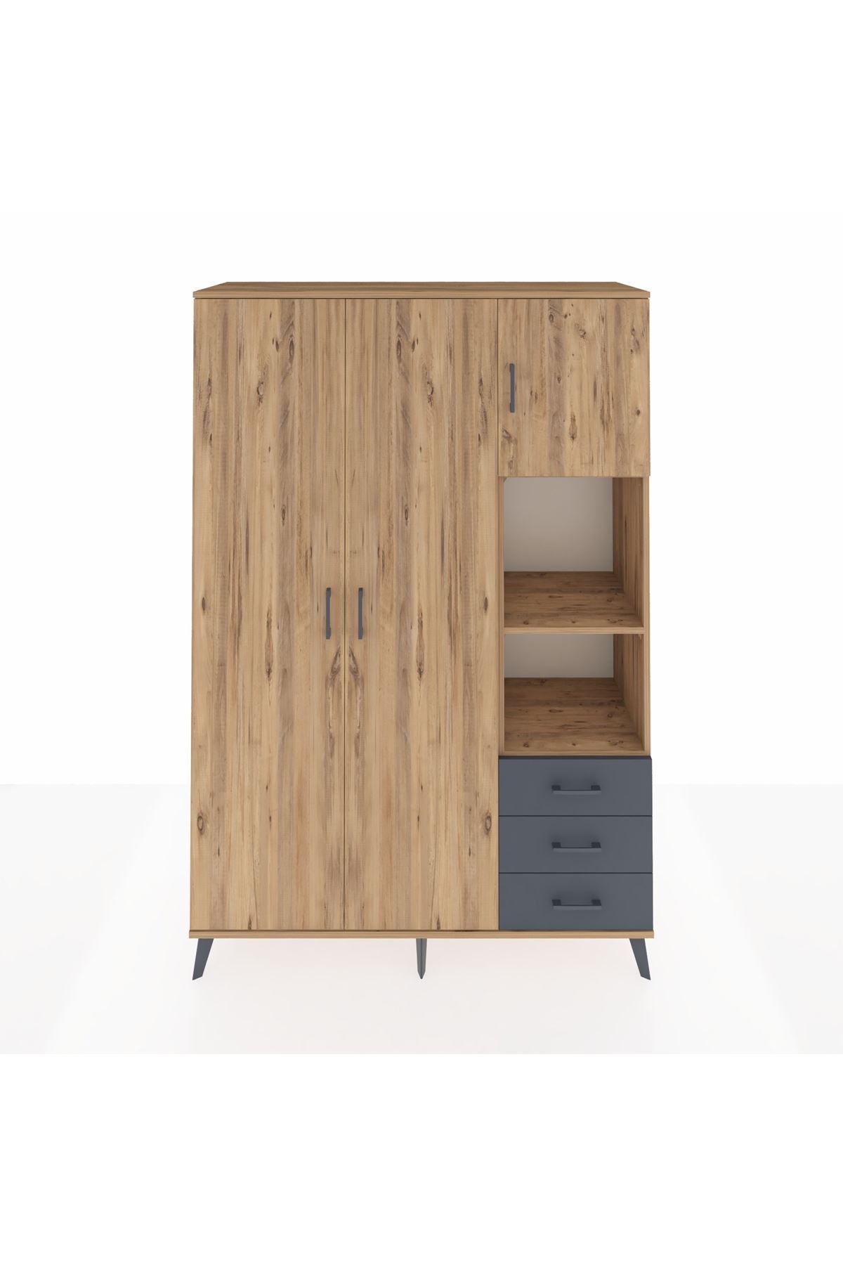 Hyperion Dolap 5 Raflı 3 Çekmeceli Tek Askılı 132x44x195 Çam-Çam/Antrasit