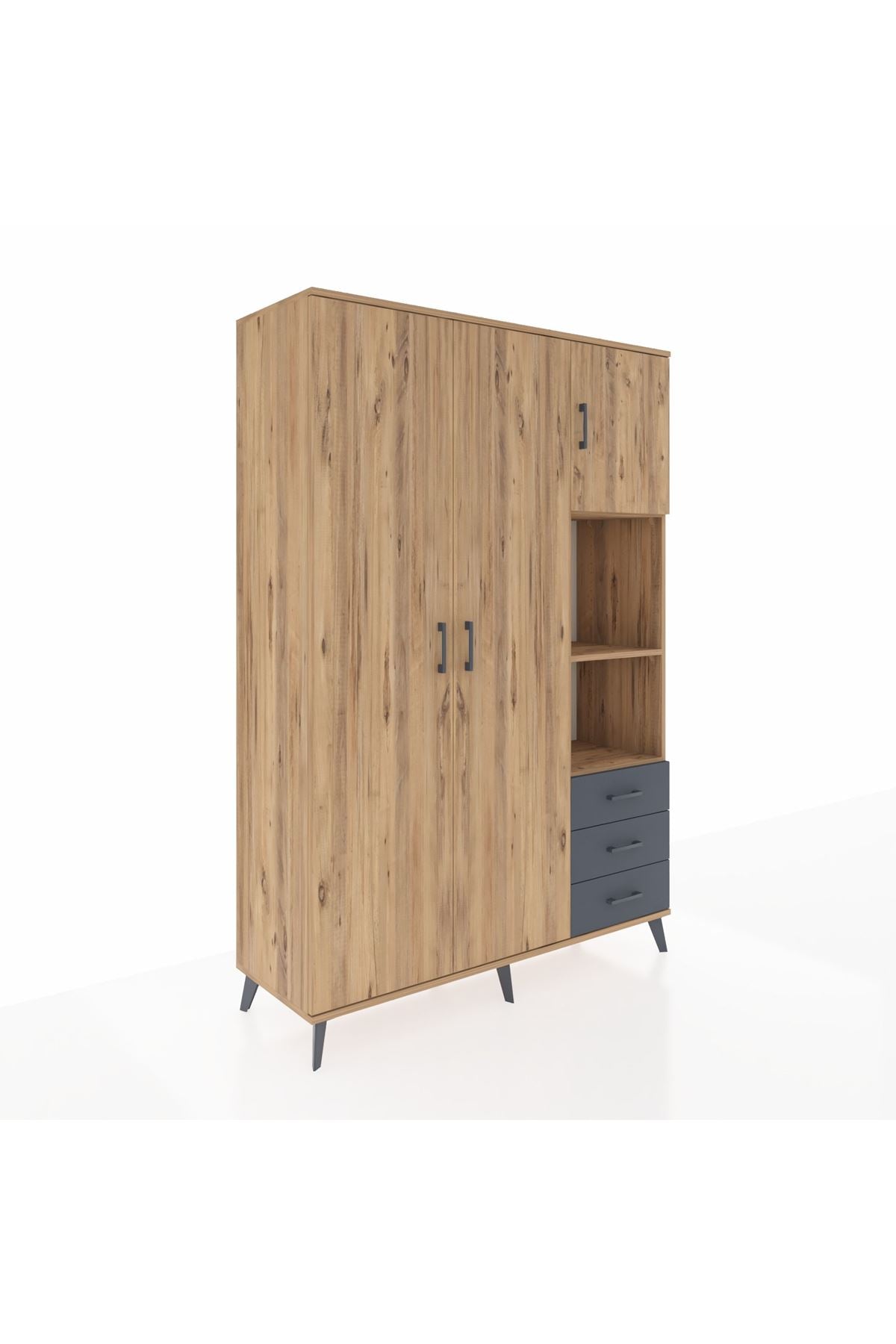 Hyperion Dolap 5 Raflı 3 Çekmeceli Tek Askılı 132x44x195 Çam-Çam/Antrasit