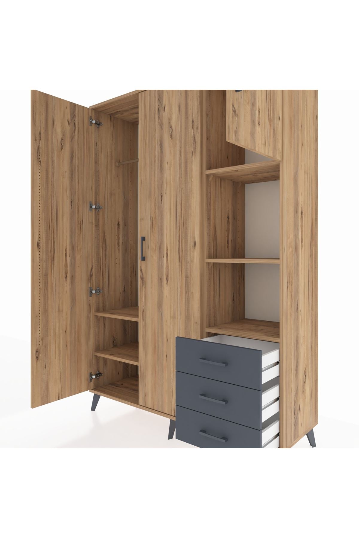 Hyperion Dolap 5 Raflı 3 Çekmeceli Tek Askılı 132x44x195 Çam-Çam/Antrasit