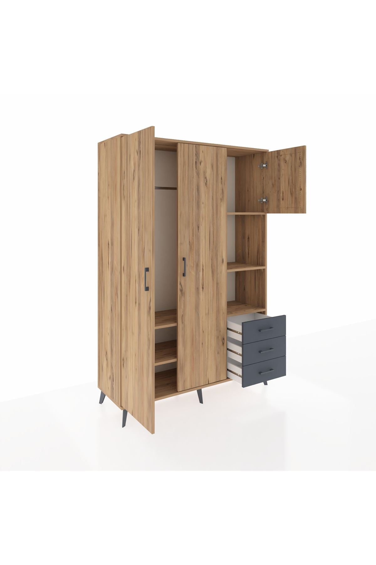 Hyperion Dolap 5 Raflı 3 Çekmeceli Tek Askılı 132x44x195 Çam-Çam/Antrasit