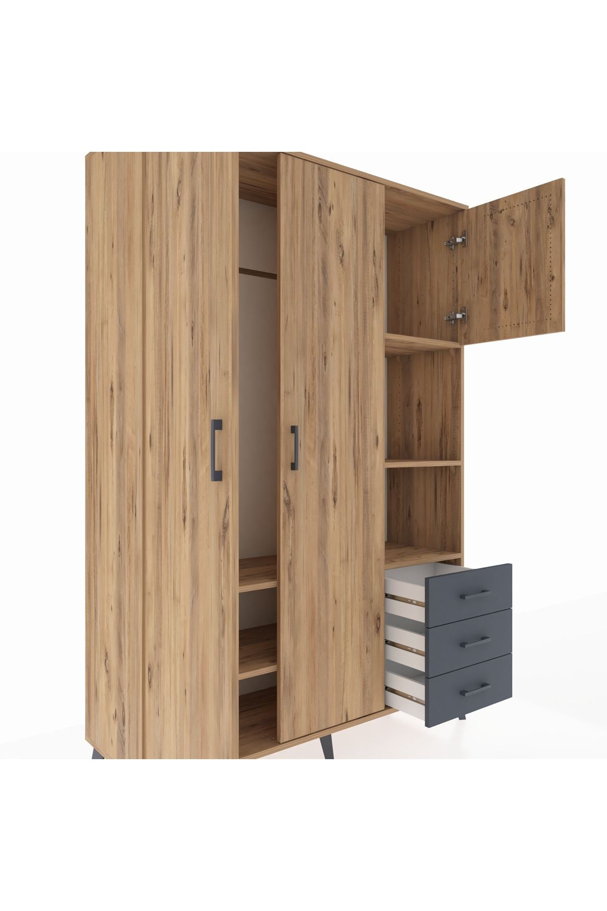 Hyperion Dolap 5 Raflı 3 Çekmeceli Tek Askılı 132x44x195 Çam-Çam/Antrasit