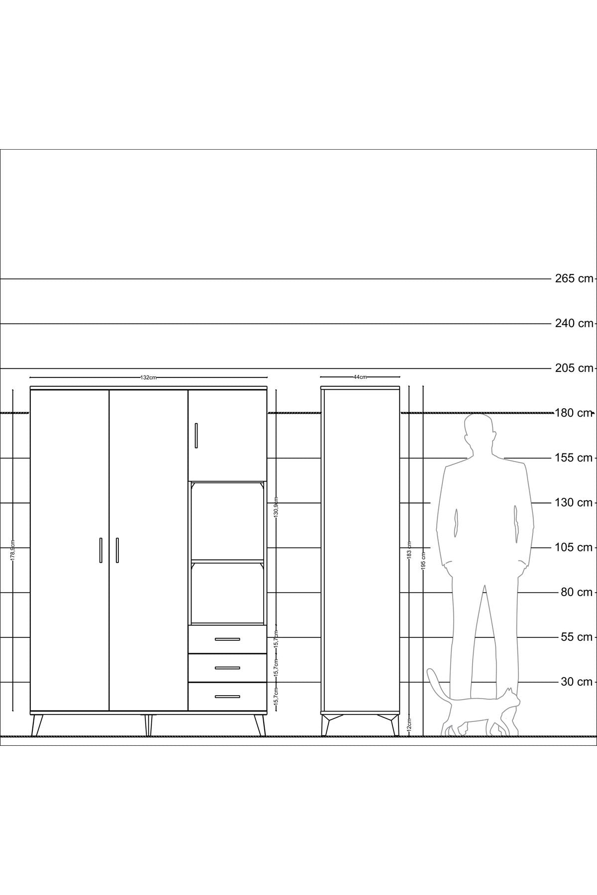 Hyperion Dolap 5 Raflı 3 Çekmeceli Tek Askılı 132x44x195 Çam-Çam/Antrasit
