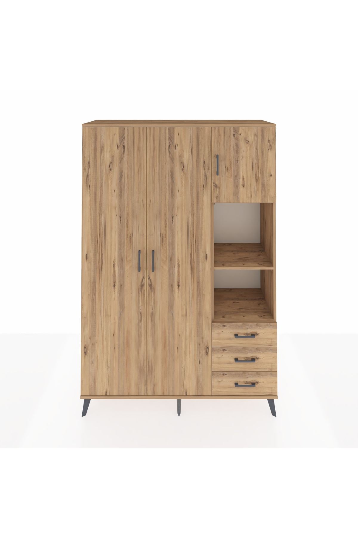 Hyperion Dolap 5 Raflı 3 Çekmeceli Tek Askılı 132x44x195 Çam-Çam/Çam