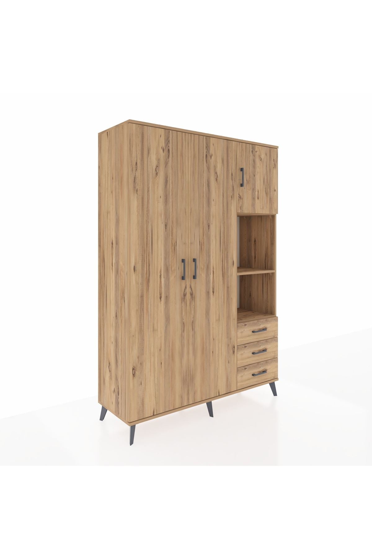 Hyperion Dolap 5 Raflı 3 Çekmeceli Tek Askılı 132x44x195 Çam-Çam/Çam