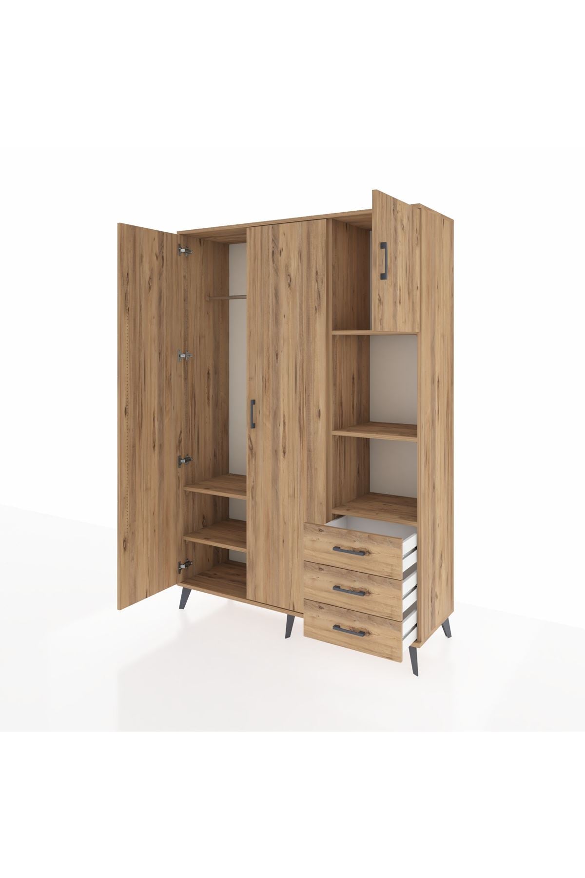 Hyperion Dolap 5 Raflı 3 Çekmeceli Tek Askılı 132x44x195 Çam-Çam/Çam