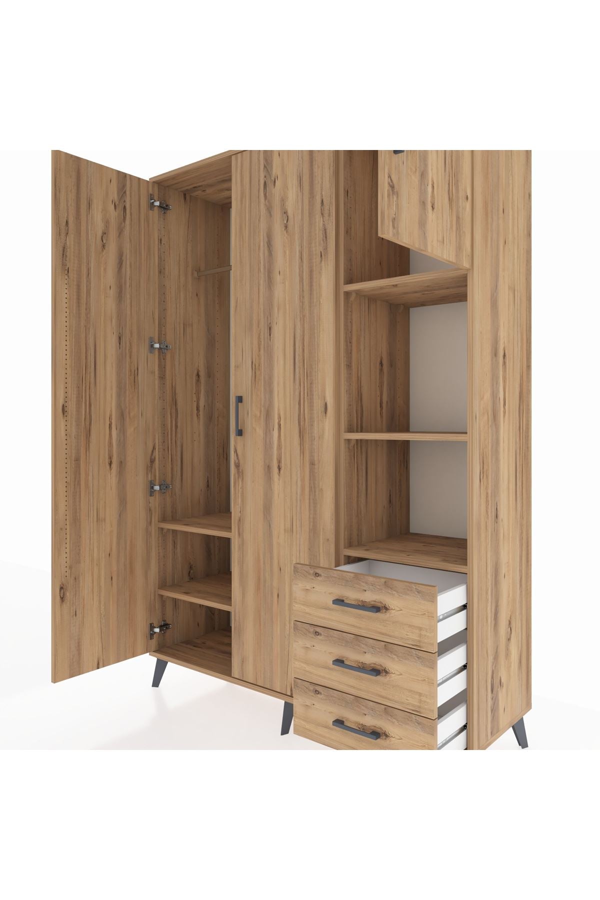 Hyperion Dolap 5 Raflı 3 Çekmeceli Tek Askılı 132x44x195 Çam-Çam/Çam