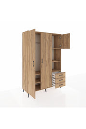 Hyperion Dolap 5 Raflı 3 Çekmeceli Tek Askılı 132x44x195 Çam-Çam/Çam