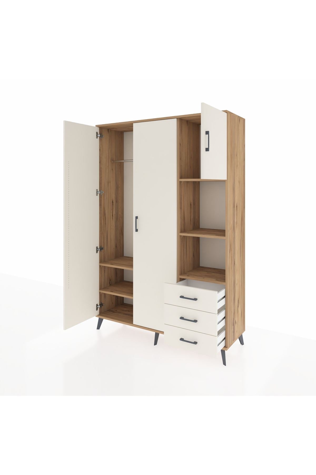 Hyperion Dolap 5 Raflı 3 Çekmeceli Tek Askılı 132x44x195 Çam-Aytaşı/Aytaşı