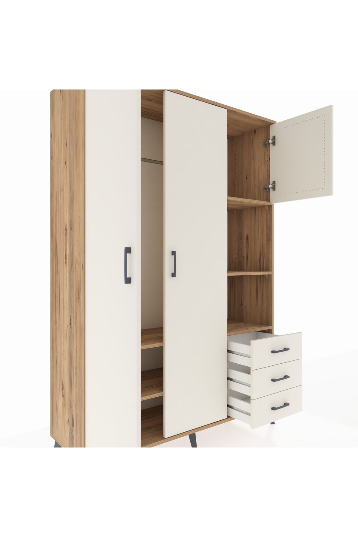 Hyperion Dolap 5 Raflı 3 Çekmeceli Tek Askılı 132x44x195 Çam-Aytaşı/Aytaşı