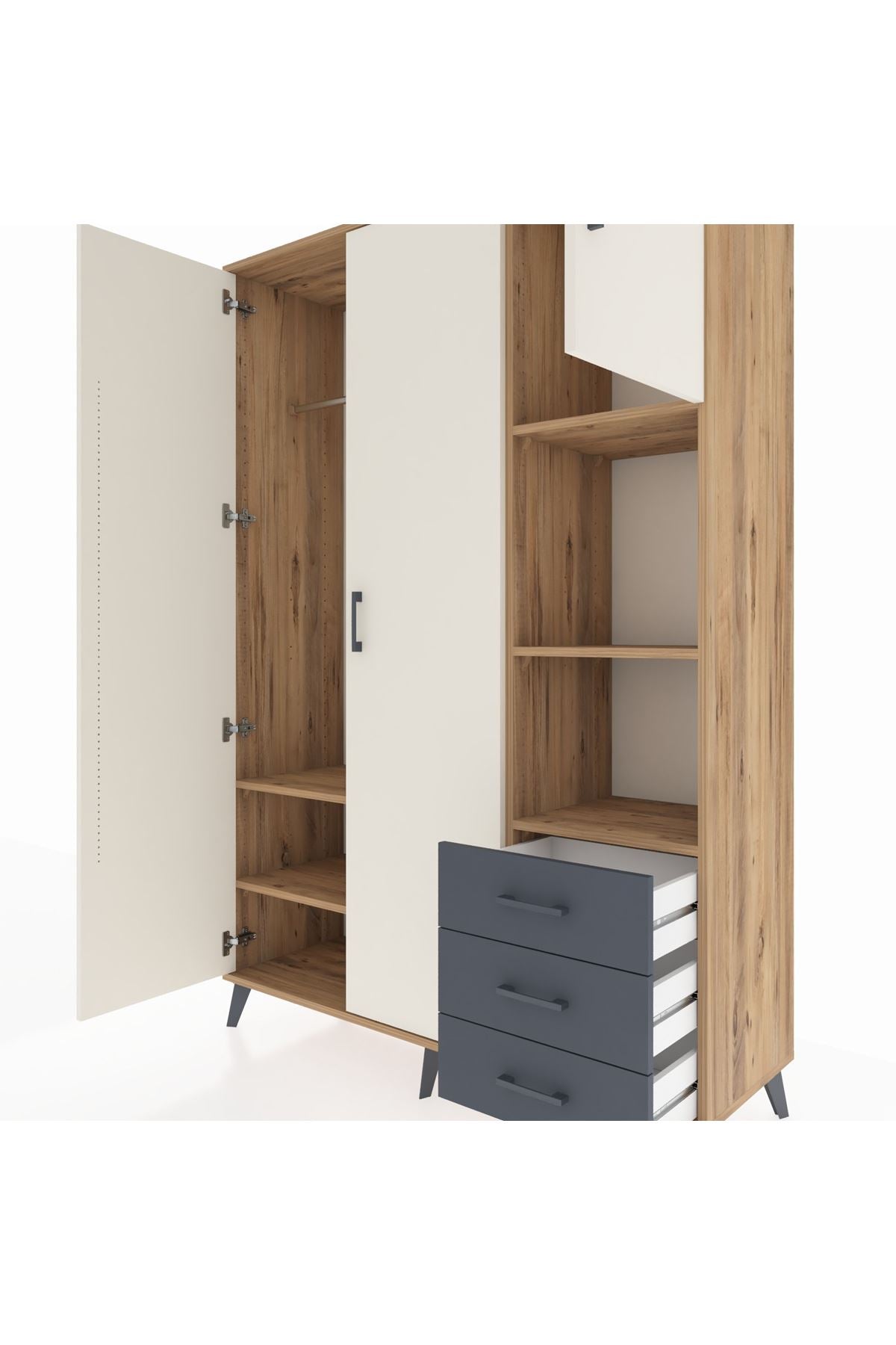 Hyperion Dolap 5 Raflı 3 Çekmeceli Tek Askılı 132x44x195 Çam-Aytaşı/Antrasit