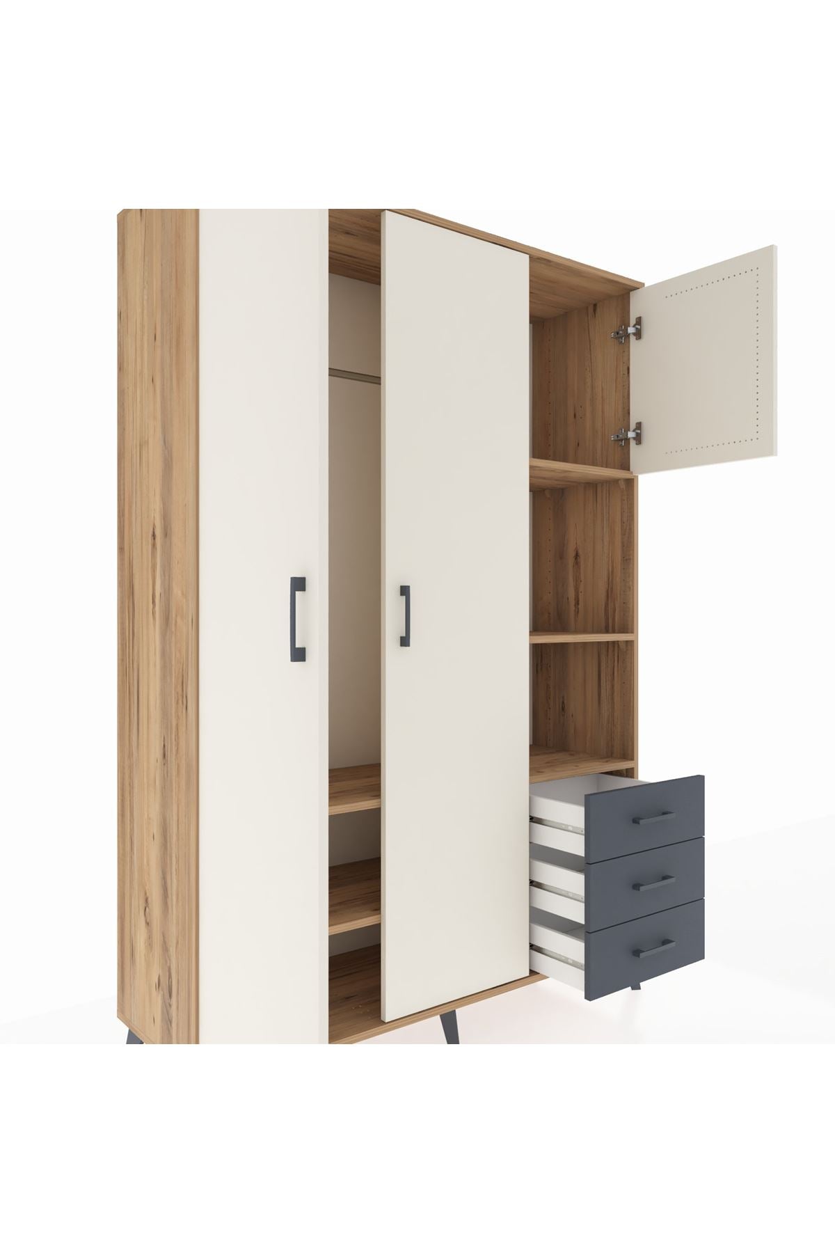 Hyperion Dolap 5 Raflı 3 Çekmeceli Tek Askılı 132x44x195 Çam-Aytaşı/Antrasit