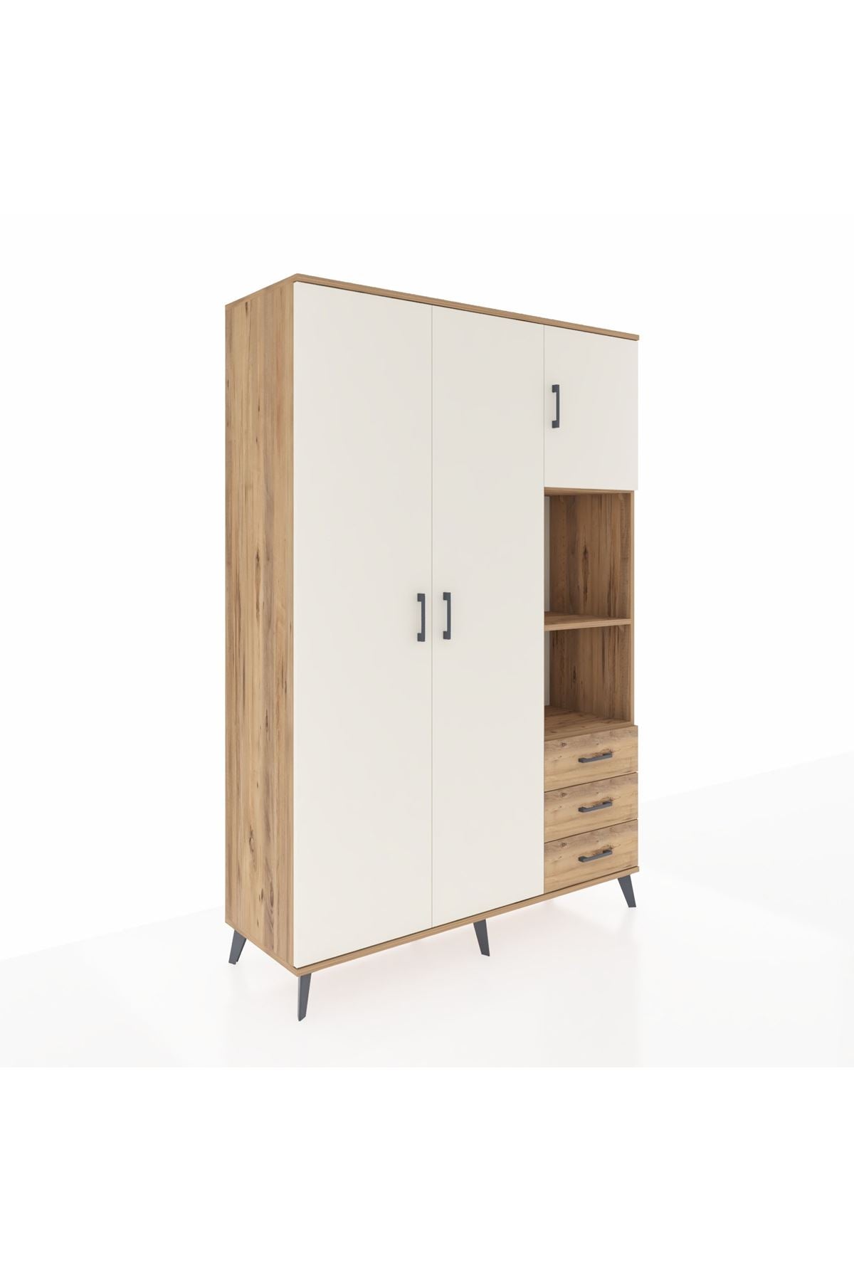 Hyperion Dolap 5 Raflı 3 Çekmeceli Tek Askılı 132x44x195 Çam-Aytaşı/Çam