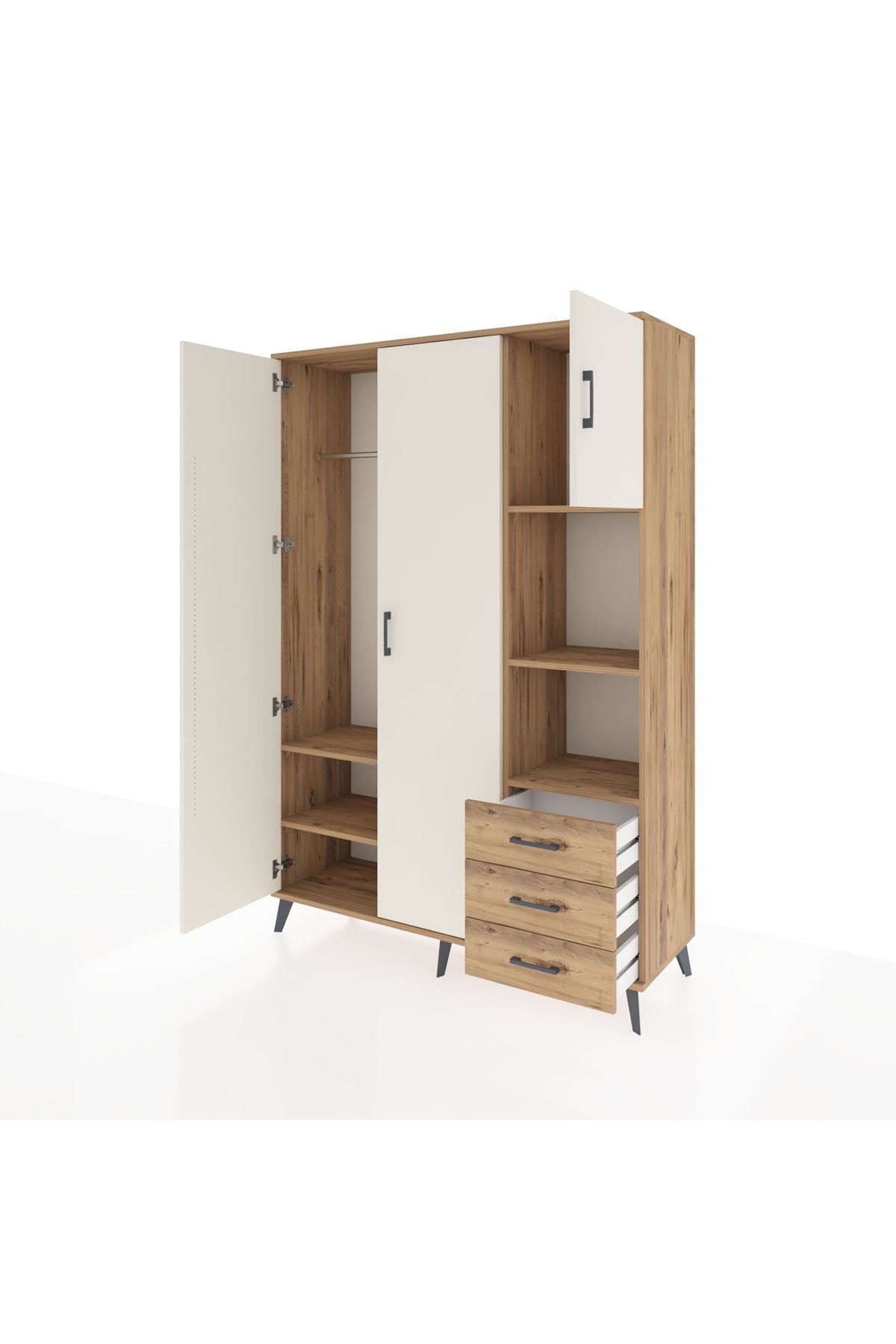 Hyperion Dolap 5 Raflı 3 Çekmeceli Tek Askılı 132x44x195 Çam-Aytaşı/Çam