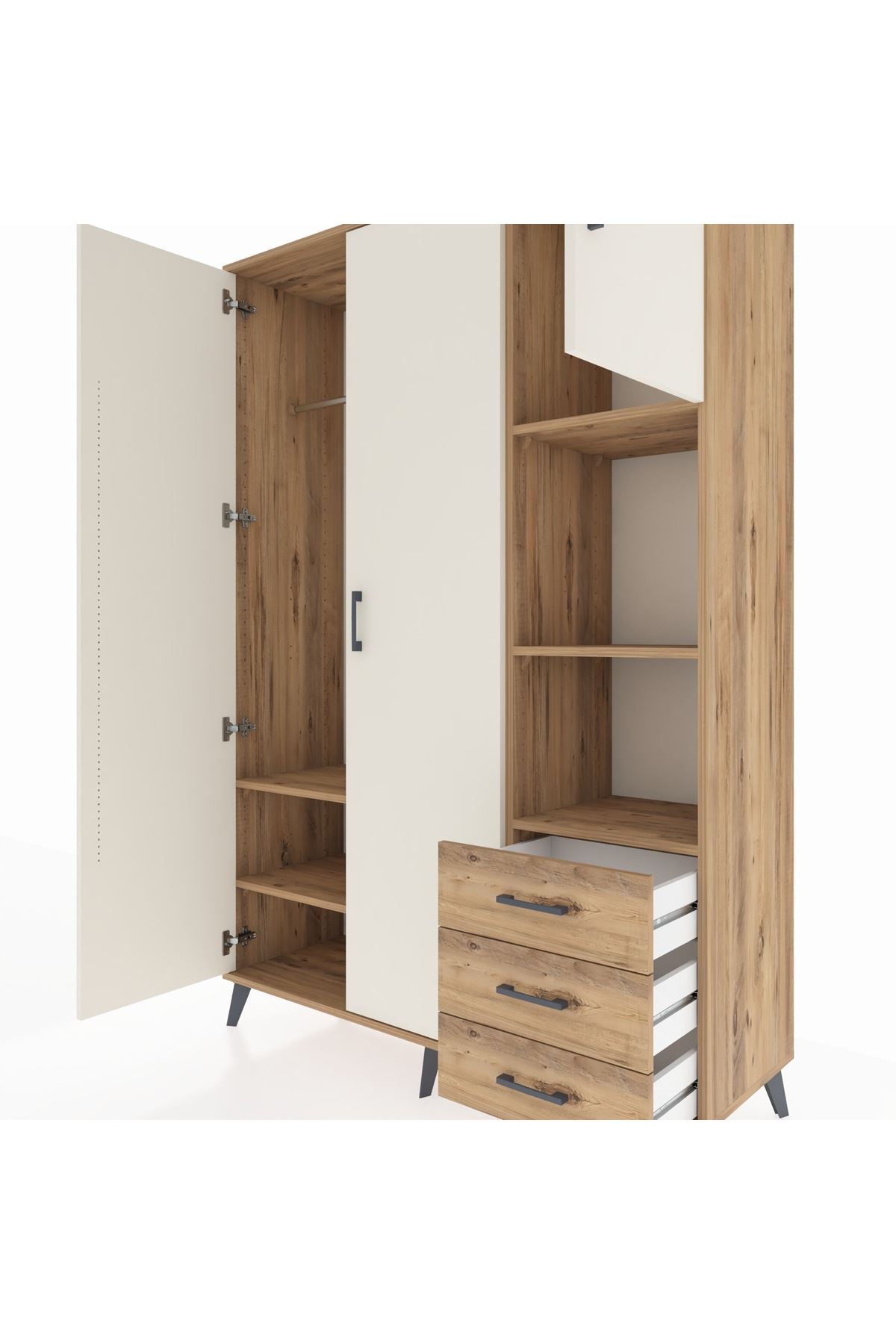 Hyperion Dolap 5 Raflı 3 Çekmeceli Tek Askılı 132x44x195 Çam-Aytaşı/Çam