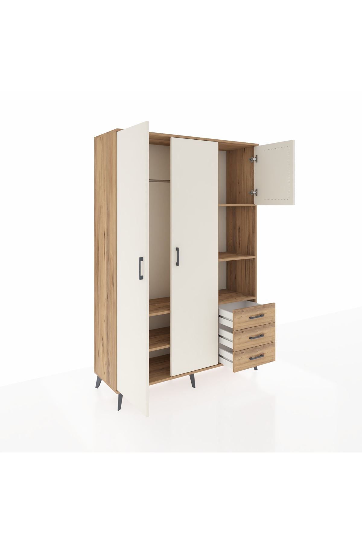 Hyperion Dolap 5 Raflı 3 Çekmeceli Tek Askılı 132x44x195 Çam-Aytaşı/Çam