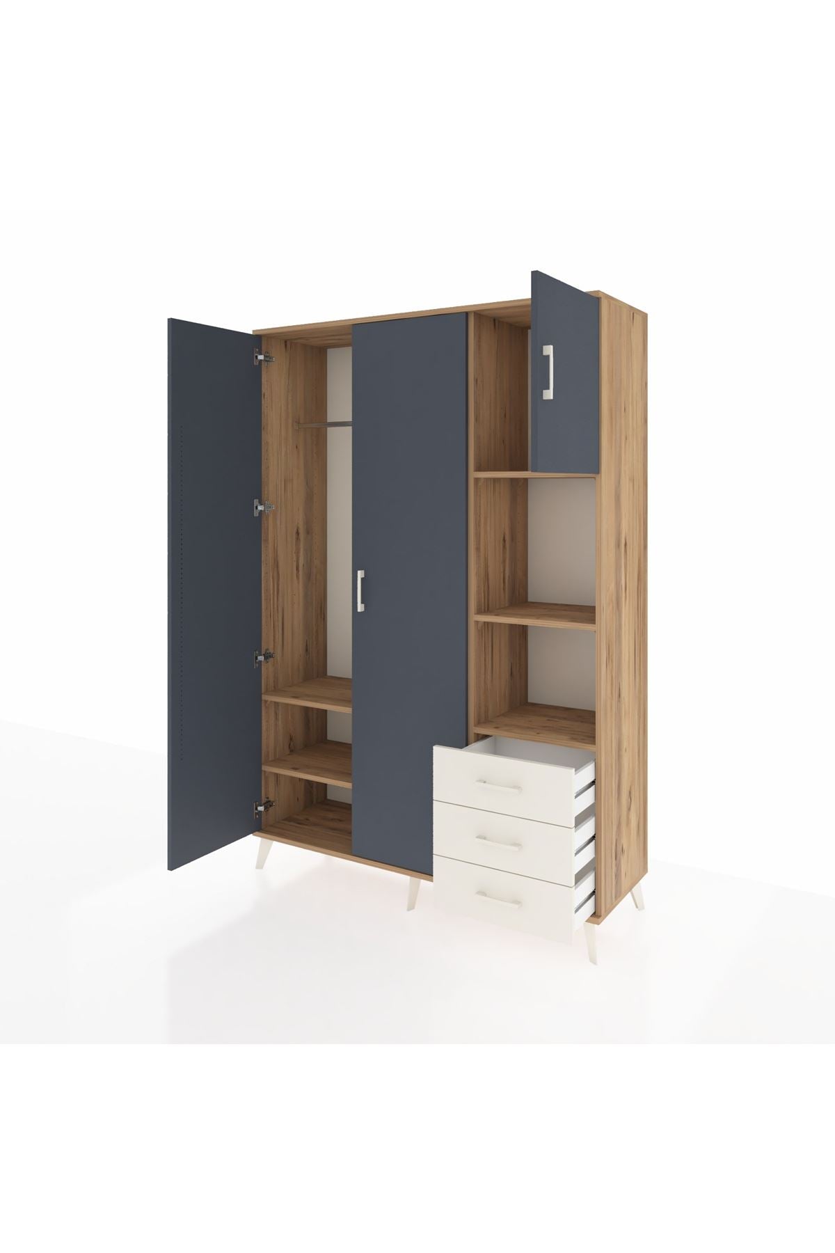 Hyperion Dolap 5 Raflı 3 Çekmeceli Tek Askılı 132x44x195 Çam-Antrasit/Aytaşı