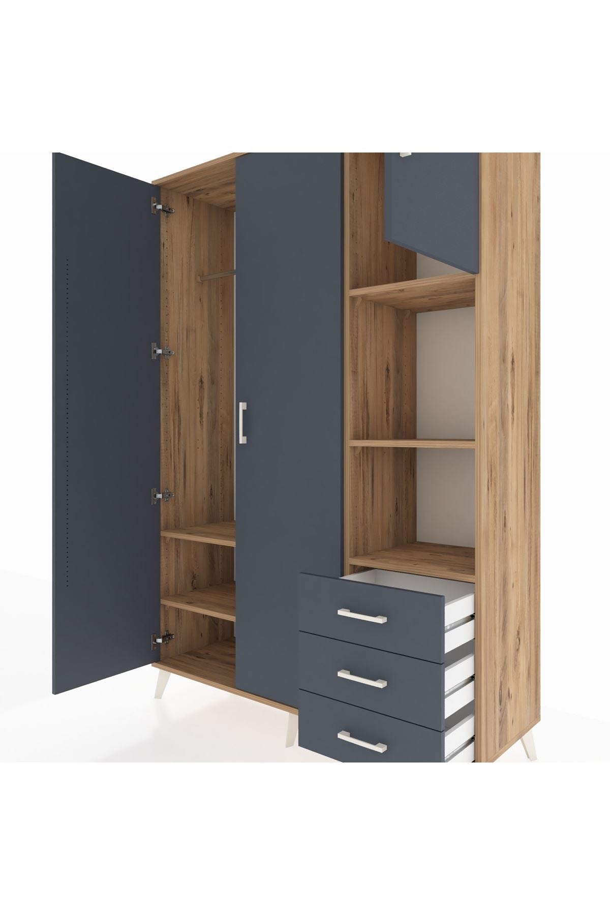 Hyperion Dolap 5 Raflı 3 Çekmeceli Tek Askılı 132x44x195 Çam-Antrasit/Antrasit