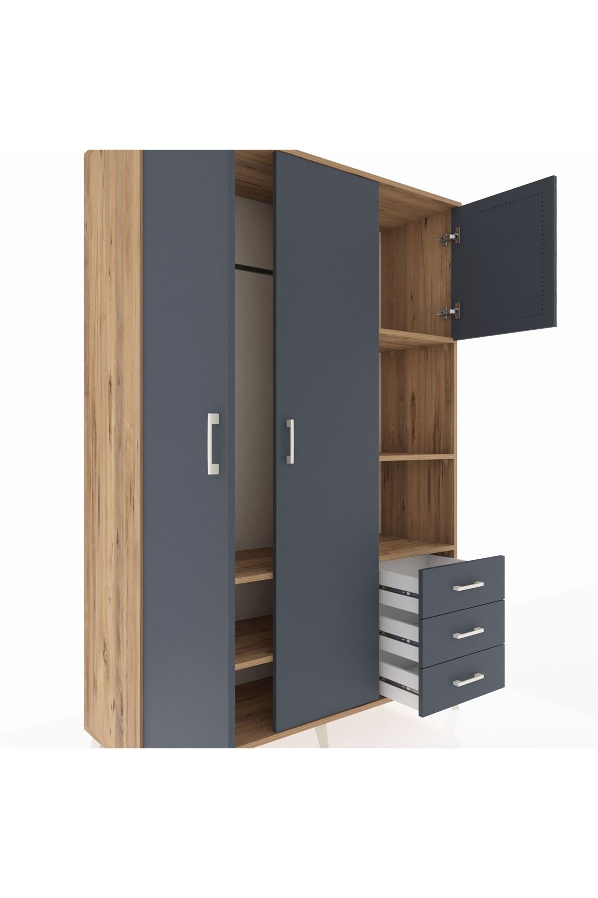 Hyperion Dolap 5 Raflı 3 Çekmeceli Tek Askılı 132x44x195 Çam-Antrasit/Antrasit