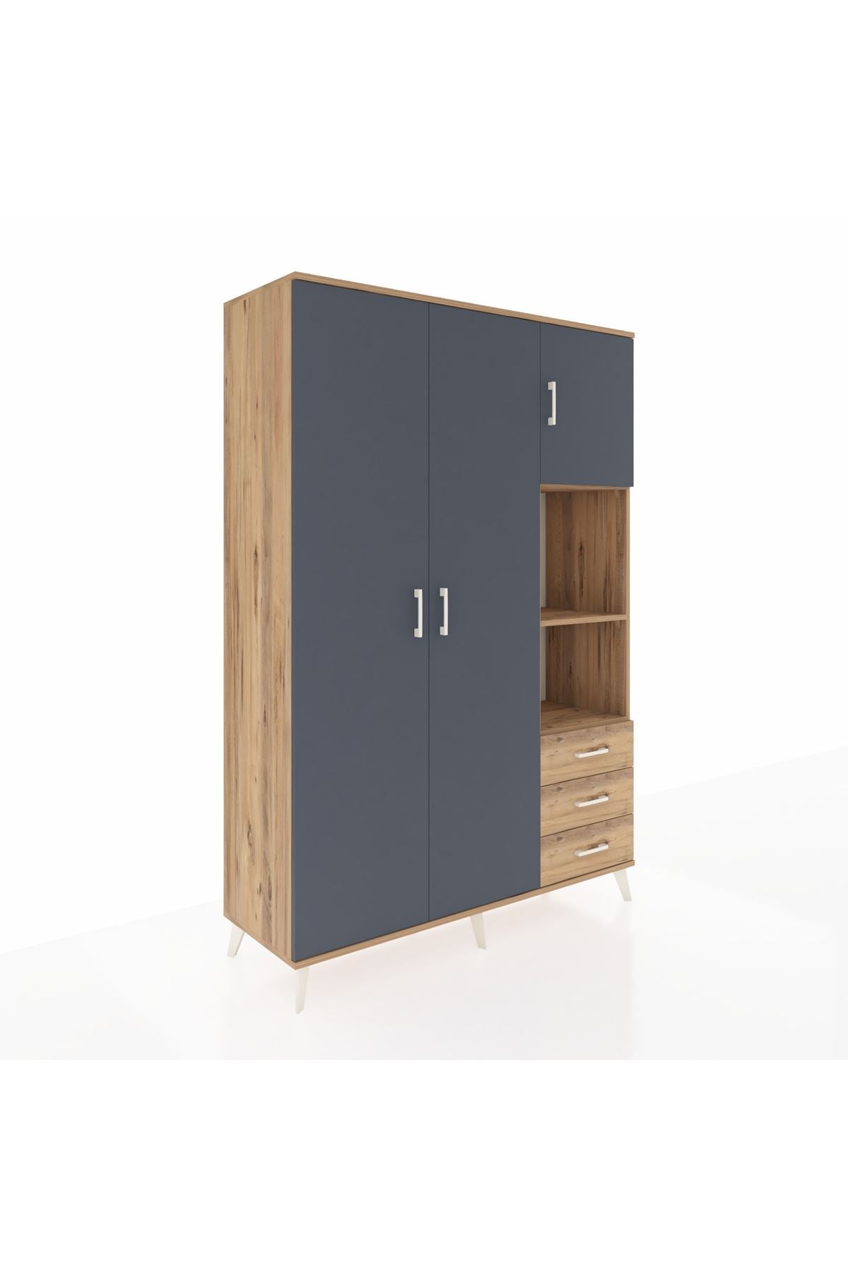 Hyperion Dolap 5 Raflı 3 Çekmeceli Tek Askılı 132x44x195 Çam-Antrasit/Çam