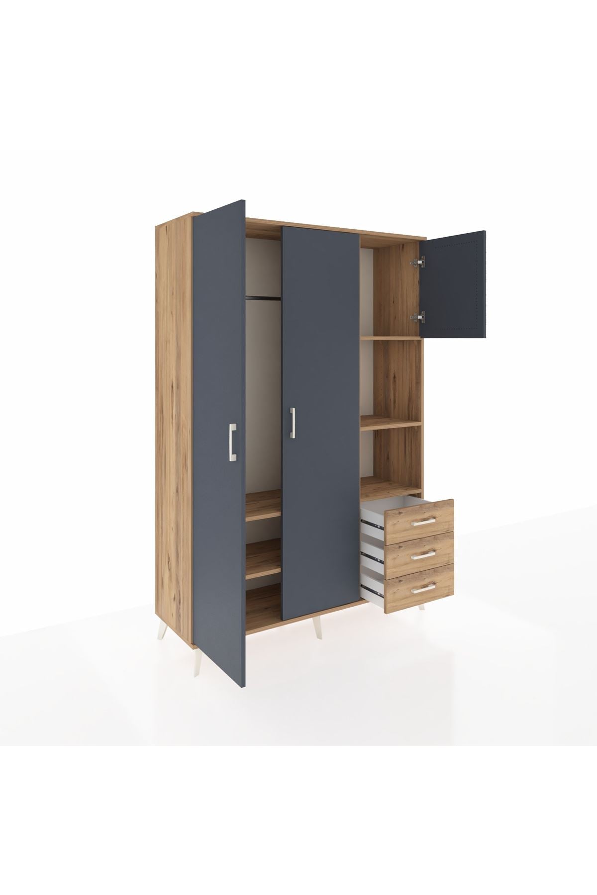 Hyperion Dolap 5 Raflı 3 Çekmeceli Tek Askılı 132x44x195 Çam-Antrasit/Çam