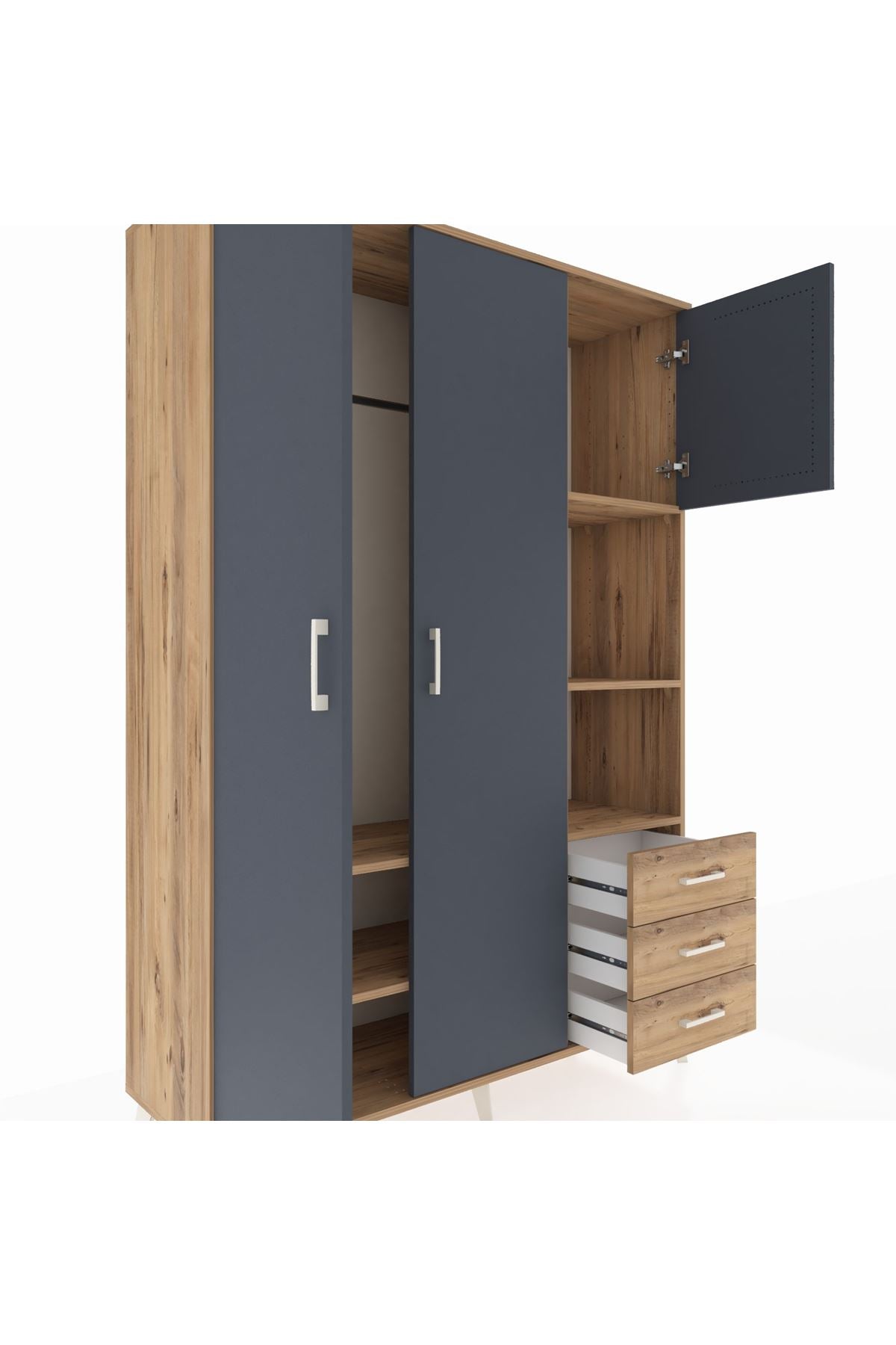 Hyperion Dolap 5 Raflı 3 Çekmeceli Tek Askılı 132x44x195 Çam-Antrasit/Çam