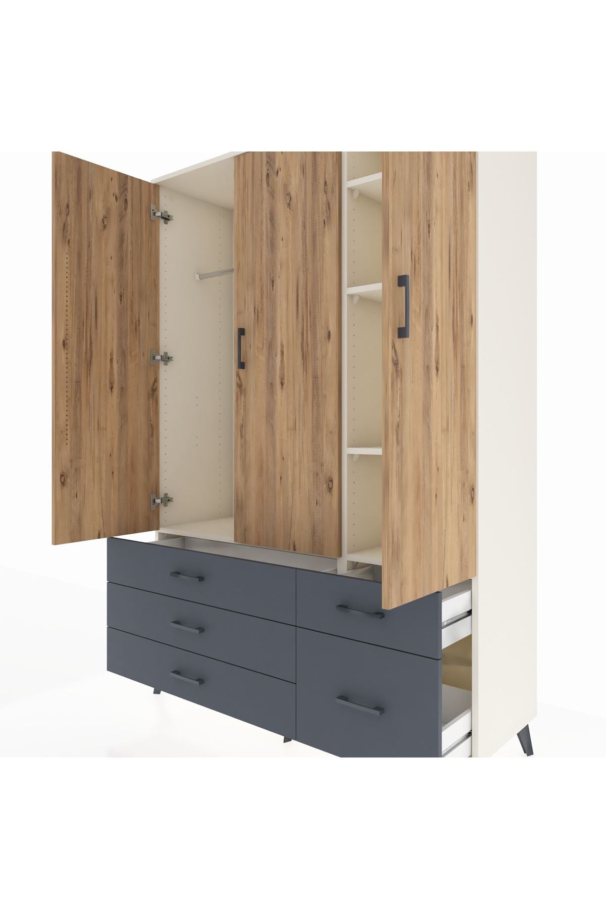 Hyperion Dolap 5 Raflı 5 Çekmeceli Tek Askılı 132x44x195 Aytaşı-Çam/Antrasit