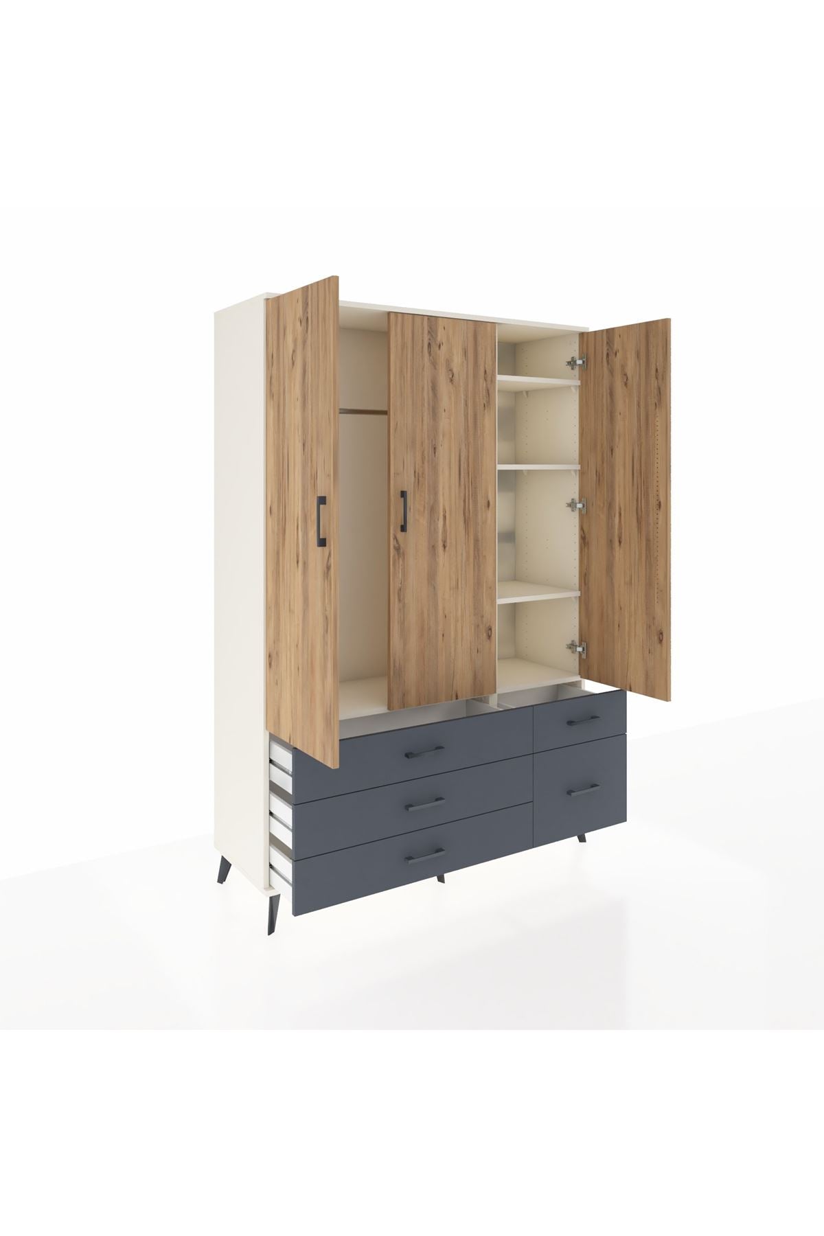 Hyperion Dolap 5 Raflı 5 Çekmeceli Tek Askılı 132x44x195 Aytaşı-Çam/Antrasit