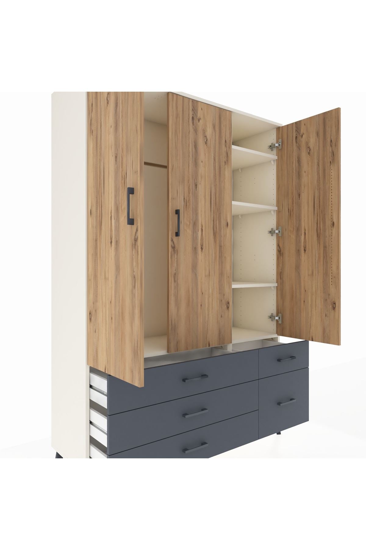 Hyperion Dolap 5 Raflı 5 Çekmeceli Tek Askılı 132x44x195 Aytaşı-Çam/Antrasit