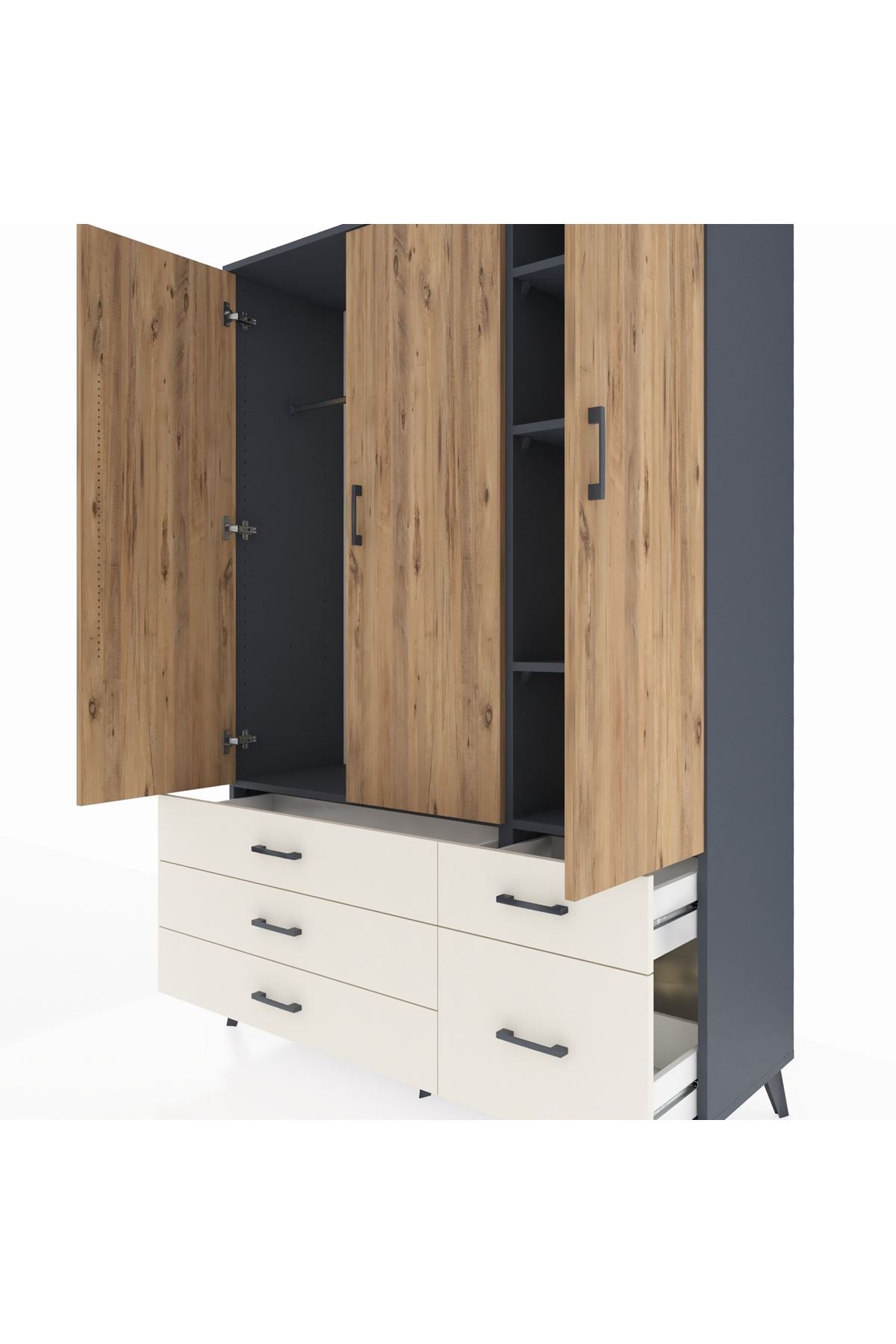 Hyperion Dolap 5 Raflı 5 Çekmeceli Tek Askılı 132x44x195 Antrasit-Çam/Aytaşı