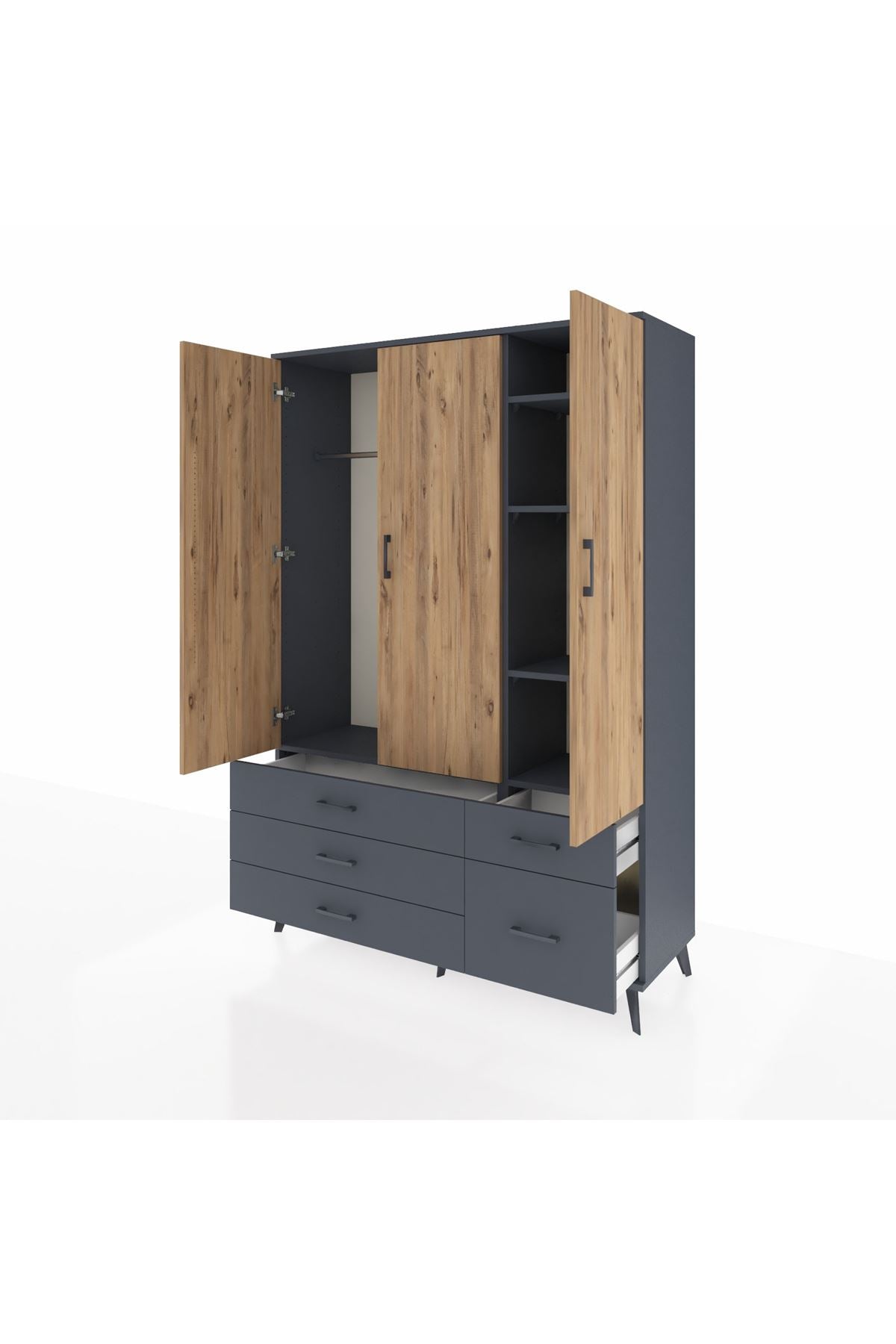 Hyperion Dolap 5 Raflı 5 Çekmeceli Tek Askılı 132x44x195 Antrasit-Çam/Antrasit