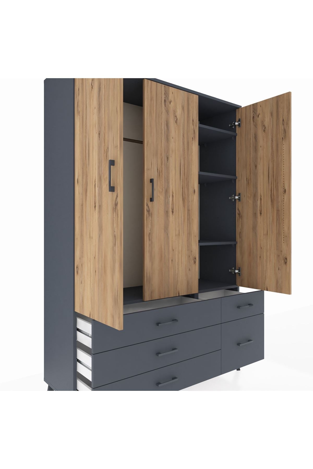 Hyperion Dolap 5 Raflı 5 Çekmeceli Tek Askılı 132x44x195 Antrasit-Çam/Antrasit