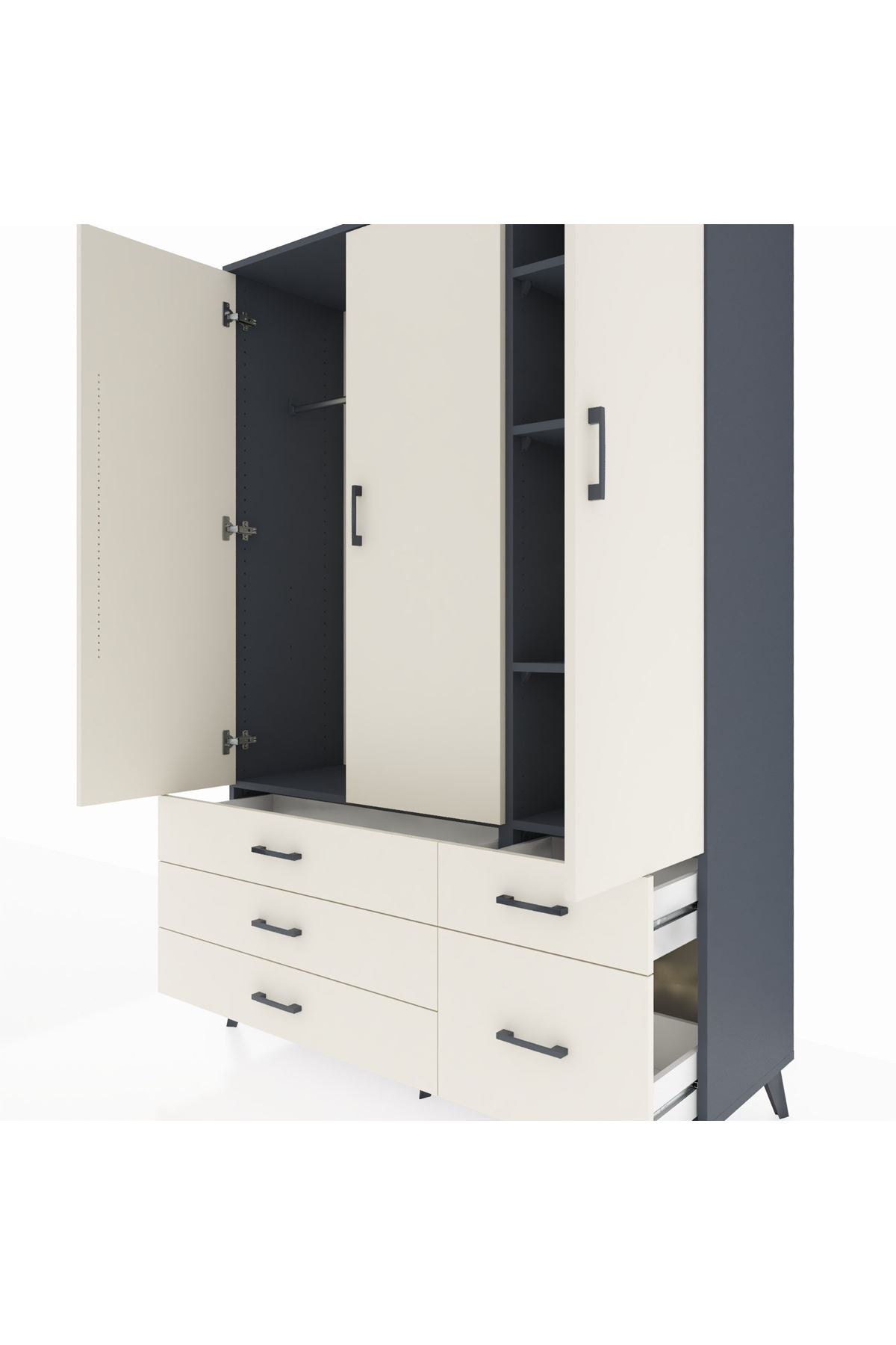 Hyperion Dolap 5 Raflı 5 Çekmeceli Tek Askılı 132x44x195 Antrasit-Aytaşı/Aytaşı