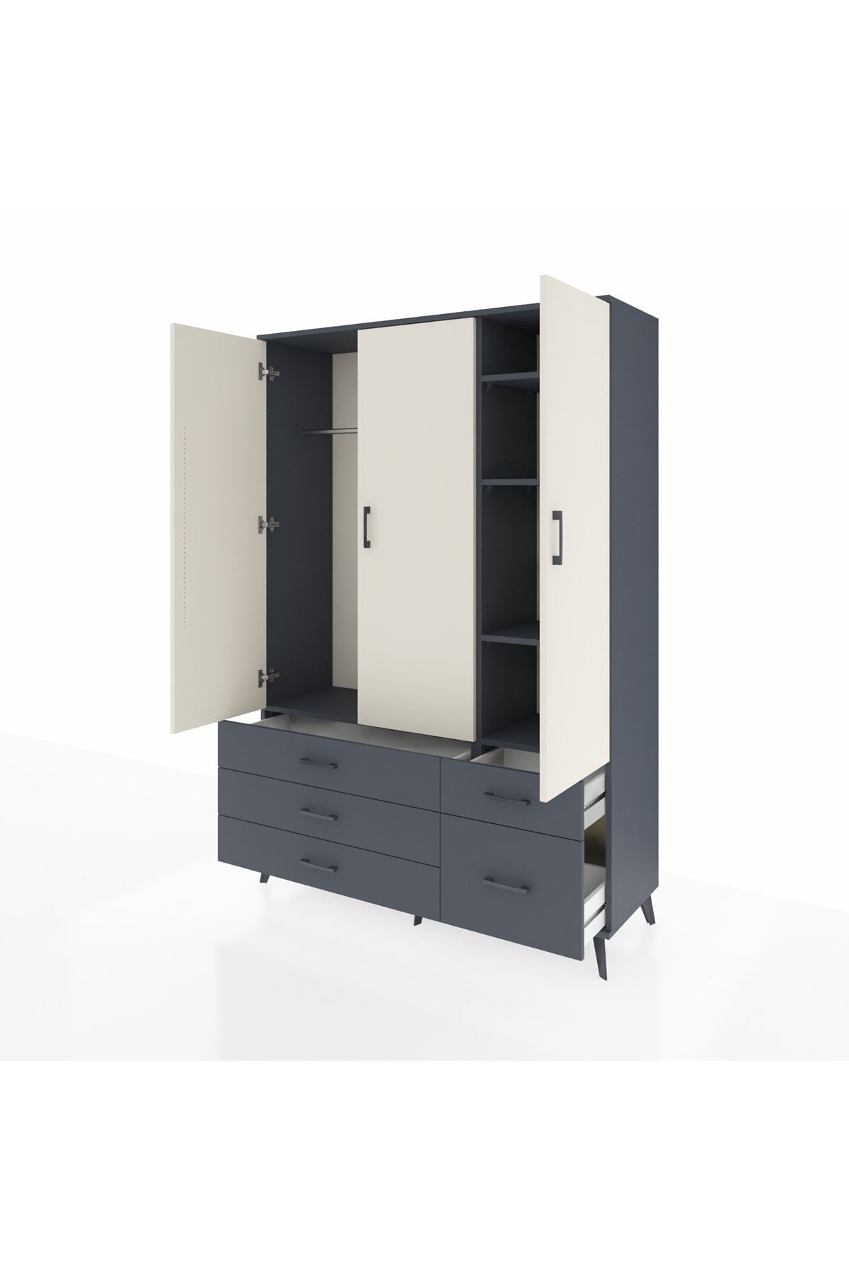 Hyperion Dolap 5 Raflı 5 Çekmeceli Tek Askılı 132x44x195 Antrasit-Aytaşı/Antrasit