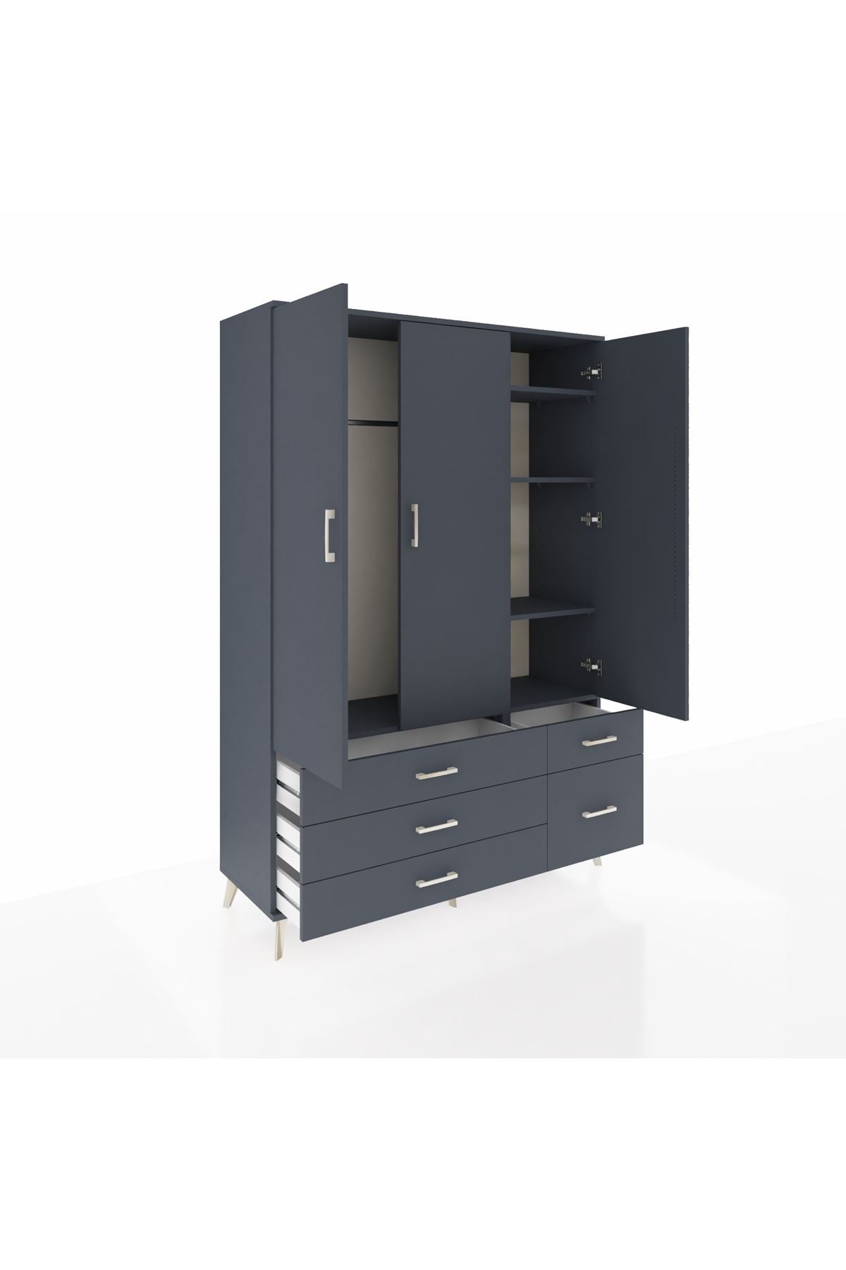 Hyperion Dolap 5 Raflı 5 Çekmeceli Tek Askılı 132x44x195 Antrasit-Antrasit/Antrasit