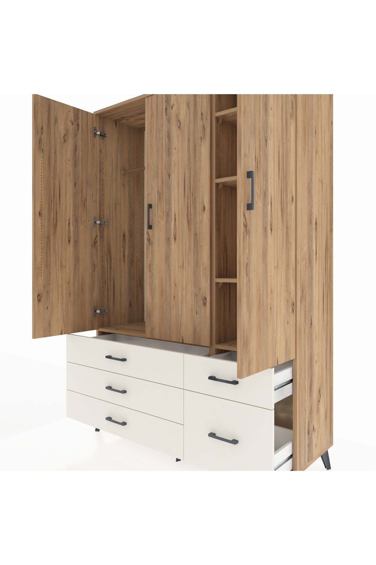 Hyperion Dolap 5 Raflı 5 Çekmeceli Tek Askılı 132x44x195 Çam-Çam/Aytaşı