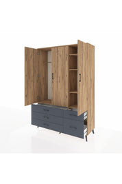 Hyperion Dolap 5 Raflı 5 Çekmeceli Tek Askılı 132x44x195 Çam-Çam/Antrasit