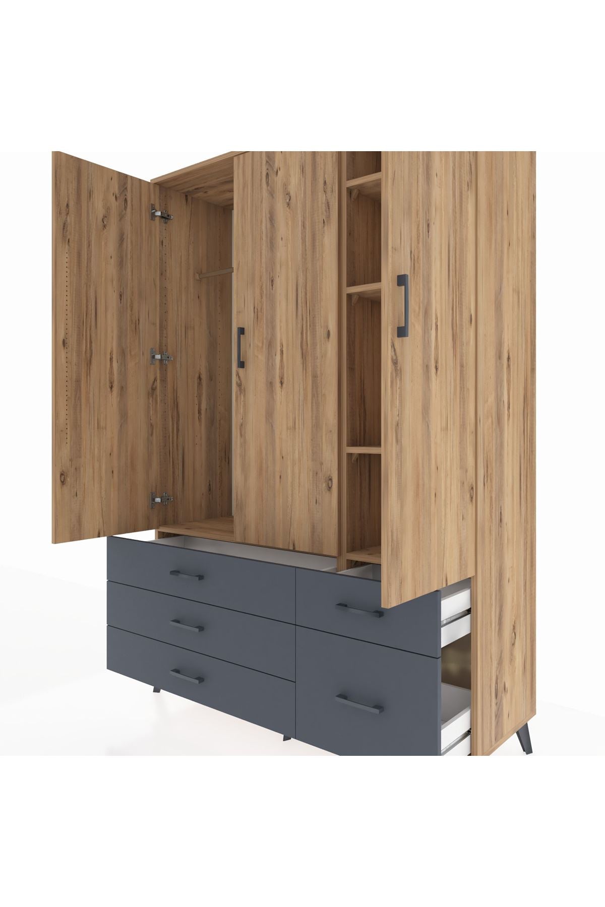 Hyperion Dolap 5 Raflı 5 Çekmeceli Tek Askılı 132x44x195 Çam-Çam/Antrasit