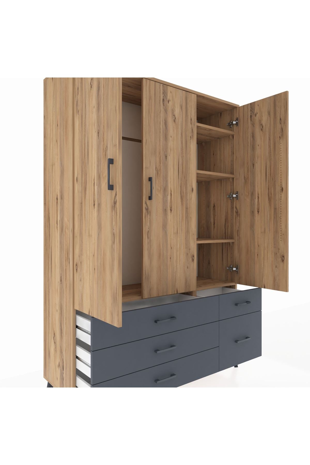 Hyperion Dolap 5 Raflı 5 Çekmeceli Tek Askılı 132x44x195 Çam-Çam/Antrasit