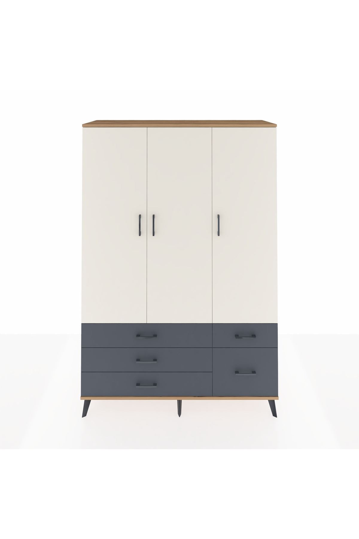 Hyperion Dolap 5 Raflı 5 Çekmeceli Tek Askılı 132x44x195 Çam-Aytaşı/Antrasit