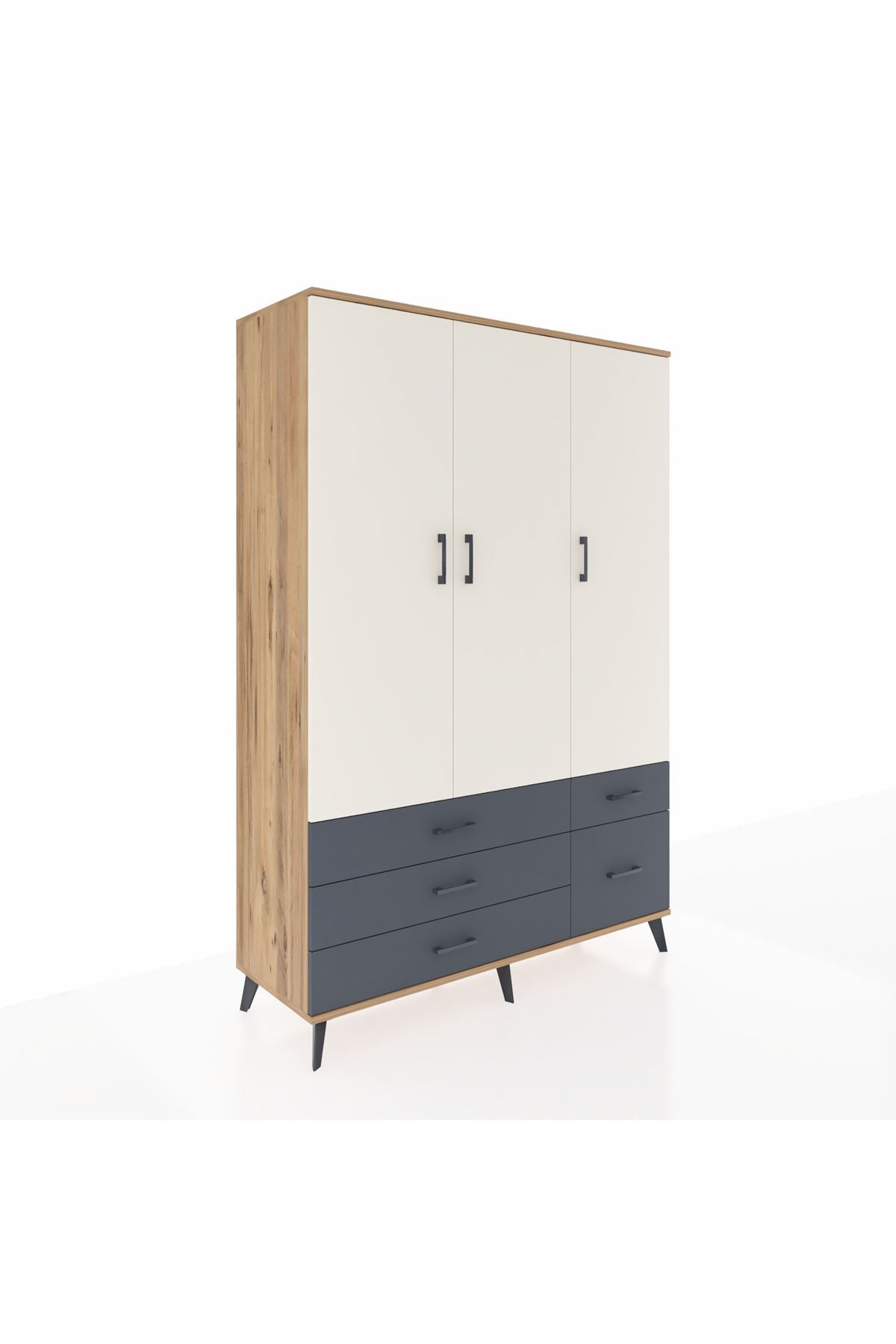 Hyperion Dolap 5 Raflı 5 Çekmeceli Tek Askılı 132x44x195 Çam-Aytaşı/Antrasit