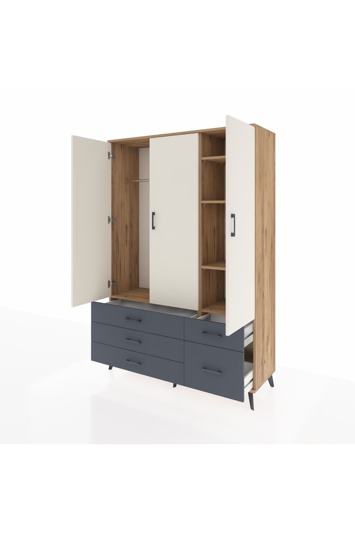 Hyperion Dolap 5 Raflı 5 Çekmeceli Tek Askılı 132x44x195 Çam-Aytaşı/Antrasit