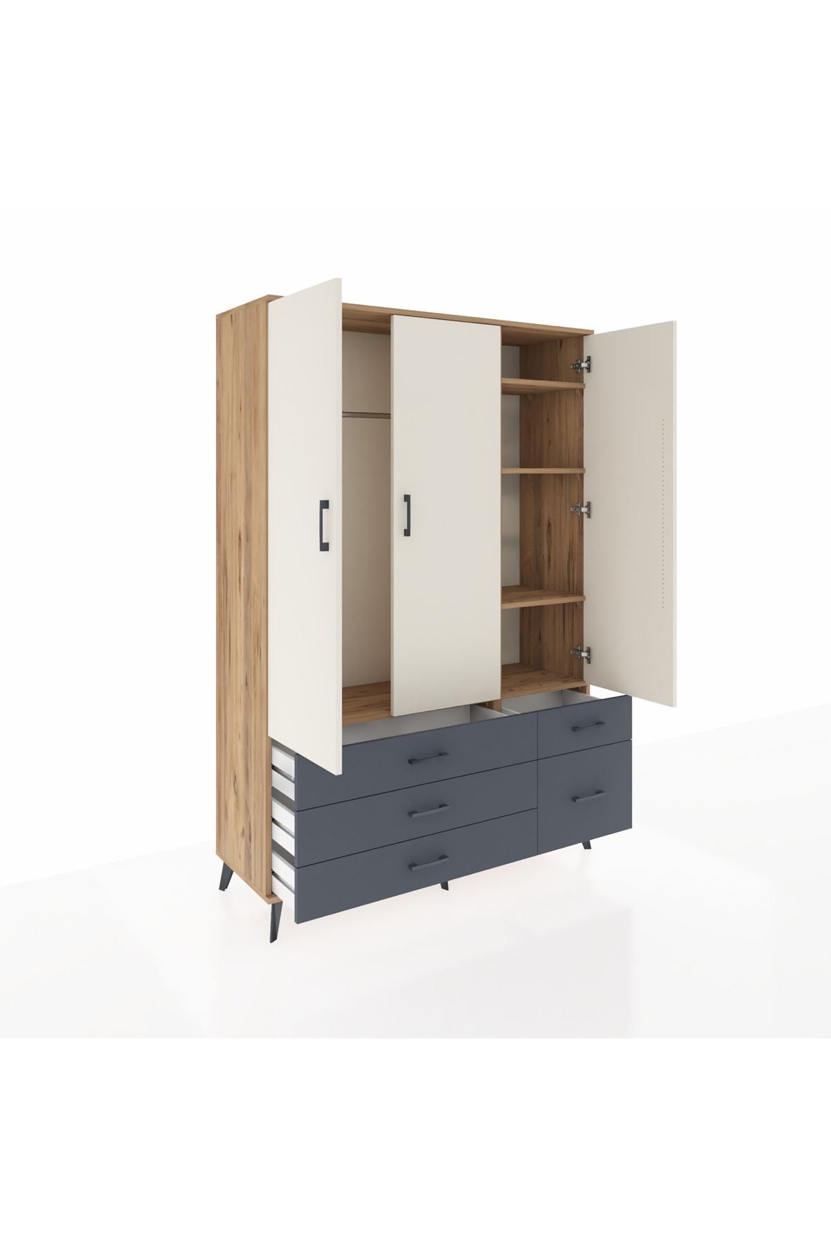 Hyperion Dolap 5 Raflı 5 Çekmeceli Tek Askılı 132x44x195 Çam-Aytaşı/Antrasit